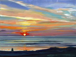 High pressure over Lundy gouache painting by Woolacombe artist Steve PP.