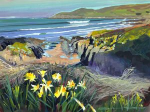 Barricane Spring daffodils colourful gouache landscape painting by Woolacombe plein air artist Steve PP.
