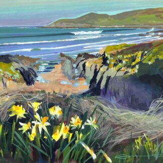 Barricane Spring daffodils colourful gouache landscape painting by Woolacombe plein air artist Steve PP.