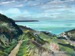 walking down the valley from Twitchen holiday park to Woolacombe beach. Gouache landscape painting by contemporary coastal impressionist painter Steve PP.