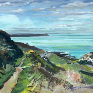 walking down the valley from Twitchen holiday park to Woolacombe beach. Gouache landscape painting by contemporary coastal impressionist painter Steve PP.