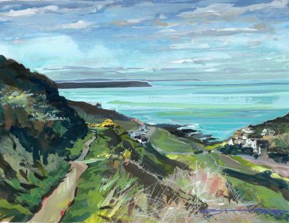 walking down the valley from Twitchen holiday park to Woolacombe beach. Gouache landscape painting by contemporary coastal impressionist painter Steve PP.