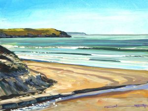 sunshine filled colourful Woolacombe gouache landscape painting by contemporary landscape painter Steve PP.
