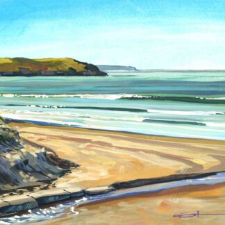 sunshine filled colourful Woolacombe gouache landscape painting by contemporary landscape painter Steve PP.