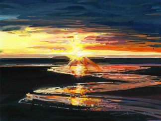 colourful sunset gouache landscape painting by contemporary landscape painter Steve PP.