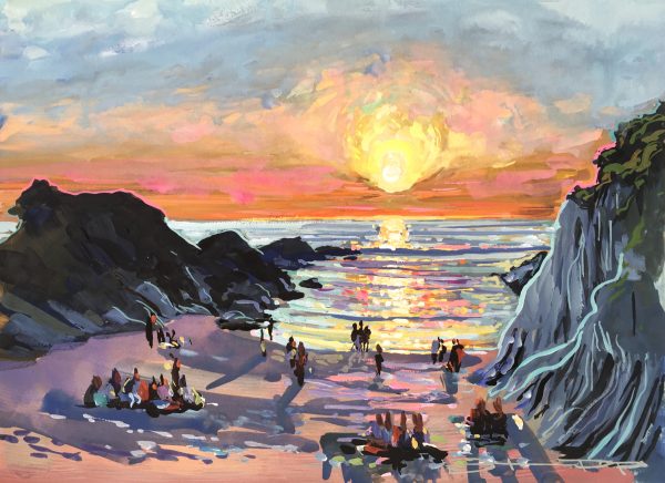 colourful painting of Barricane Beach curry nights by Woolacombe artist Steve PP.