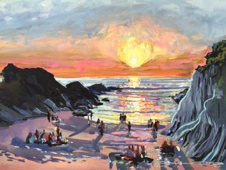colourful painting of Barricane Beach curry nights by Woolacombe artist Steve PP.