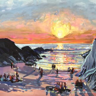 colourful painting of Barricane Beach curry nights by Woolacombe artist Steve PP.