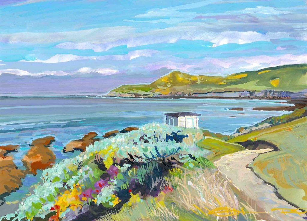Spring morning Barricane beach colourful gouache landscape painting by contemporary landscape painter Steve PP.