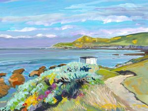 Spring morning Barricane beach colourful gouache landscape painting by contemporary landscape painter Steve PP.
