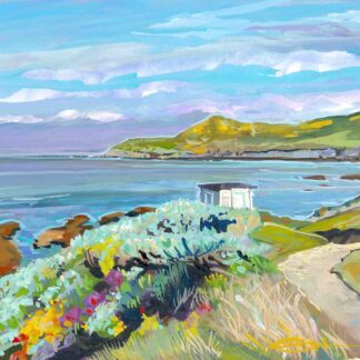 Spring morning Barricane beach colourful gouache landscape painting by contemporary landscape painter Steve PP.