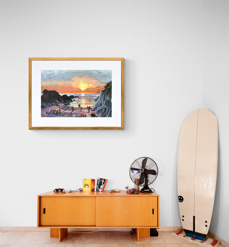 Barricane Beach Curry Nights framed picture hanging in a surfer’s room