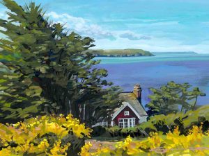 Woolacombe in the spring colourful gouache landscape painting by contemporary landscape painter Steve PP.