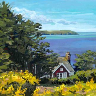 Woolacombe in the spring colourful gouache landscape painting by contemporary landscape painter Steve PP.