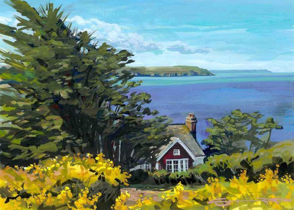 Woolacombe in the spring colourful gouache landscape painting by contemporary landscape painter Steve PP.