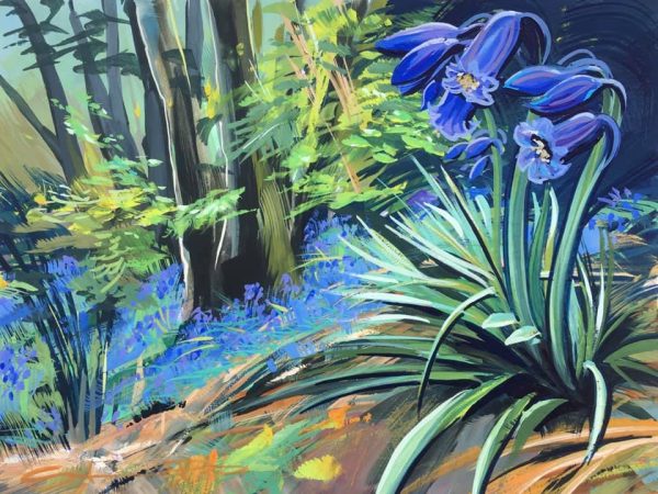 colourful gouache woodscape painting by contemporary landscape painter Steve PP.