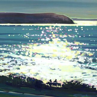 woolacombe bay colourful gouache landscape painting by contemporary landscape painter Steve PP.