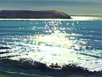 woolacombe bay colourful gouache landscape painting by contemporary landscape painter Steve PP.