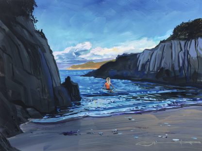 sea swimming on Barricane beach. colourful gouache landscape painting by contemporary landscape painter Steve PP.
