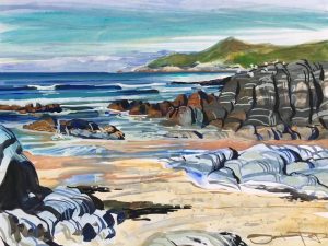 Warm June on the beach at Woolacombe painted by landscape artist from Woolacombe who paints the beach every day Steve PP