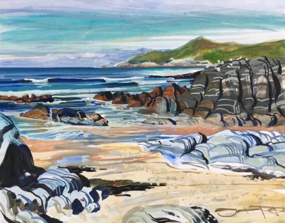 Warm June on the beach at Woolacombe painted by landscape artist from Woolacombe who paints the beach every day Steve PP
