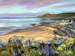 April Calm Woolacombe painting.Colourful gouache landscape painting by contemporary landscape painter Steve PP.
