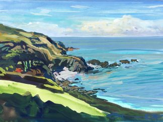 Lee Bay North Devon. Colourful gouache landscape painting by contemporary landscape painter Steve PP.