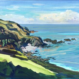Lee Bay North Devon. Colourful gouache landscape painting by contemporary landscape painter Steve PP.
