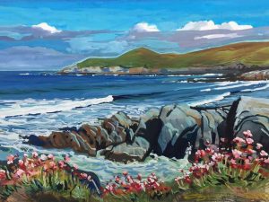 May Sea Pinks. Colourful gouache landscape painting by contemporary landscape painter Steve PP.