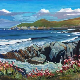 May Sea Pinks. Colourful gouache landscape painting by contemporary landscape painter Steve PP.