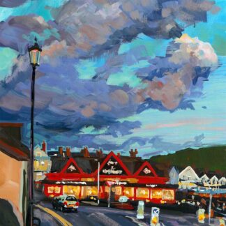 The Red Barn, Woolacombe. colourful gouache landscape painting by contemporary landscape painter Steve PP.