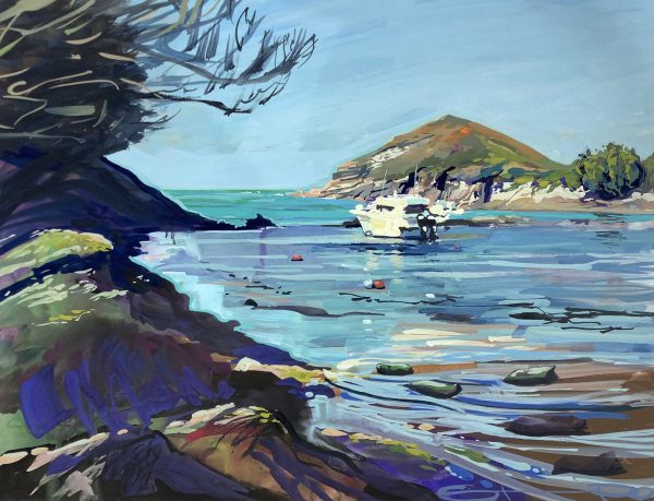 Watermouth harbour, colourful gouache landscape painting by contemporary landscape painter Steve PP.
