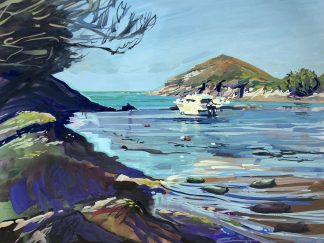 Watermouth harbour, colourful gouache landscape painting by contemporary landscape painter Steve PP.
