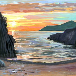 summer solstice on Barricane beach painted by Woolacombe artist Steve PP. sunset over the atlantic ocean