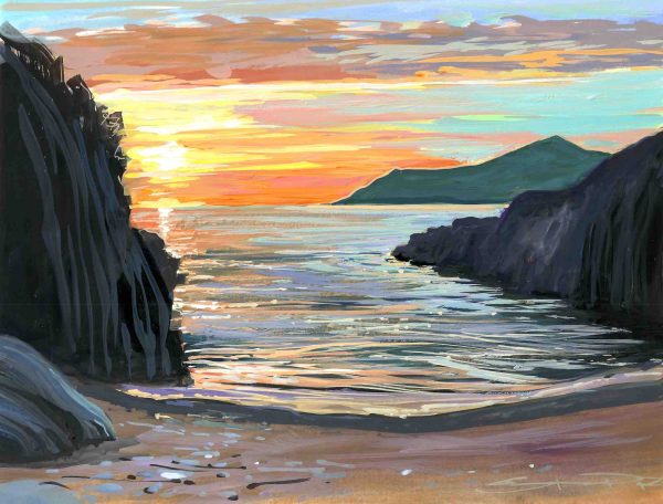 summer solstice on Barricane beach painted by Woolacombe artist Steve PP. sunset over the atlantic ocean