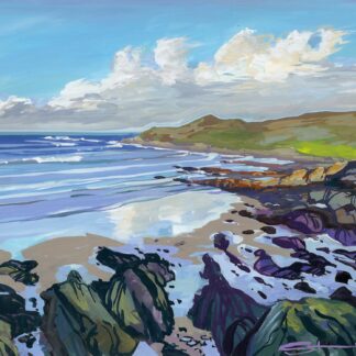 Into the light. Woolacombe. colourful gouache landscape painting by contemporary landscape painter Steve PP.