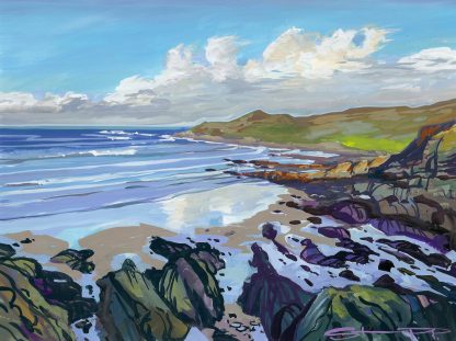 Into the light. Woolacombe. colourful gouache landscape painting by contemporary landscape painter Steve PP.