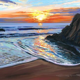 June evening on Woolacombe beach colourful gouache landscape painting by contemporary landscape painter Steve PP.