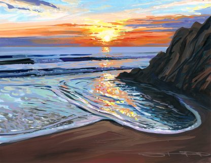 June evening on Woolacombe beach colourful gouache landscape painting by contemporary landscape painter Steve PP.