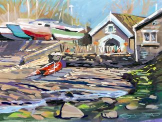 Watermouth cove harbour master. colourful gouache landscape painting by contemporary landscape painter Steve PP.