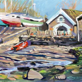 Watermouth cove harbour master. colourful gouache landscape painting by contemporary landscape painter Steve PP.
