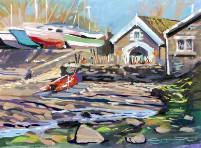 Watermouth cove harbour master. colourful gouache landscape painting by contemporary landscape painter Steve PP.