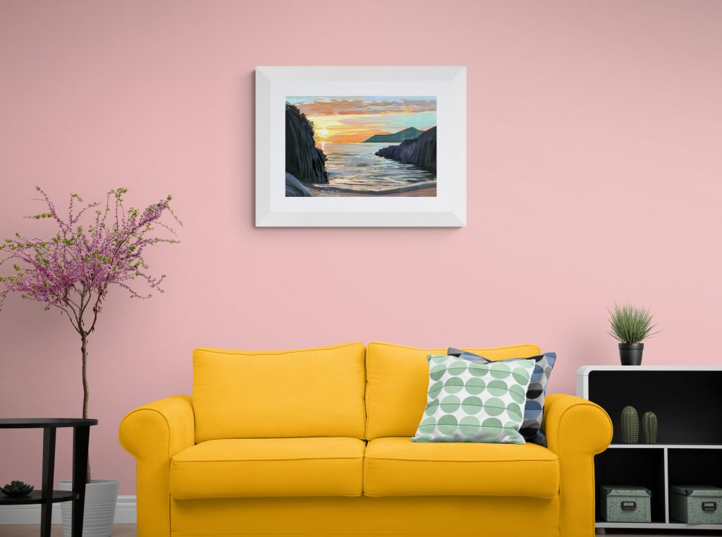 Barricane Nights art print in a white frame in a colourful living room
