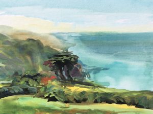 Spring haze, Lee bay colourful gouache landscape painting by contemporary landscape painter Steve PP.