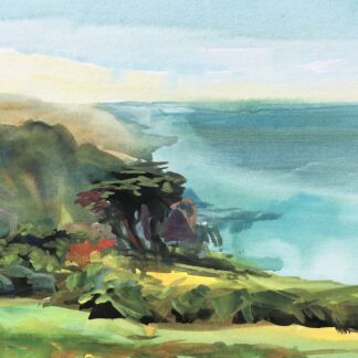 Spring haze, Lee bay colourful gouache landscape painting by contemporary landscape painter Steve PP.