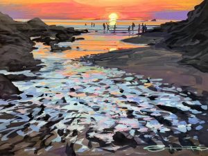 Sundowners , colourful gouache landscape painting by contemporary landscape painter Steve PP.