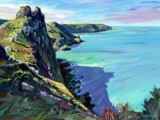 Castle Rock Tor , Valley of the Rocks, North Devon,colourful gouache landscape painting by contemporary landscape painter Steve PP.