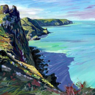 Castle Rock Tor , Valley of the Rocks, North Devon,colourful gouache landscape painting by contemporary landscape painter Steve PP.