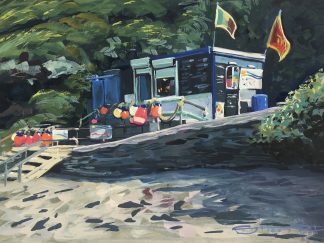 Barricane beach cafe, colourful gouache landscape painting by contemporary landscape painter Steve PP.