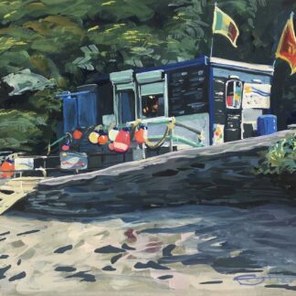 Barricane beach cafe, colourful gouache landscape painting by contemporary landscape painter Steve PP.
